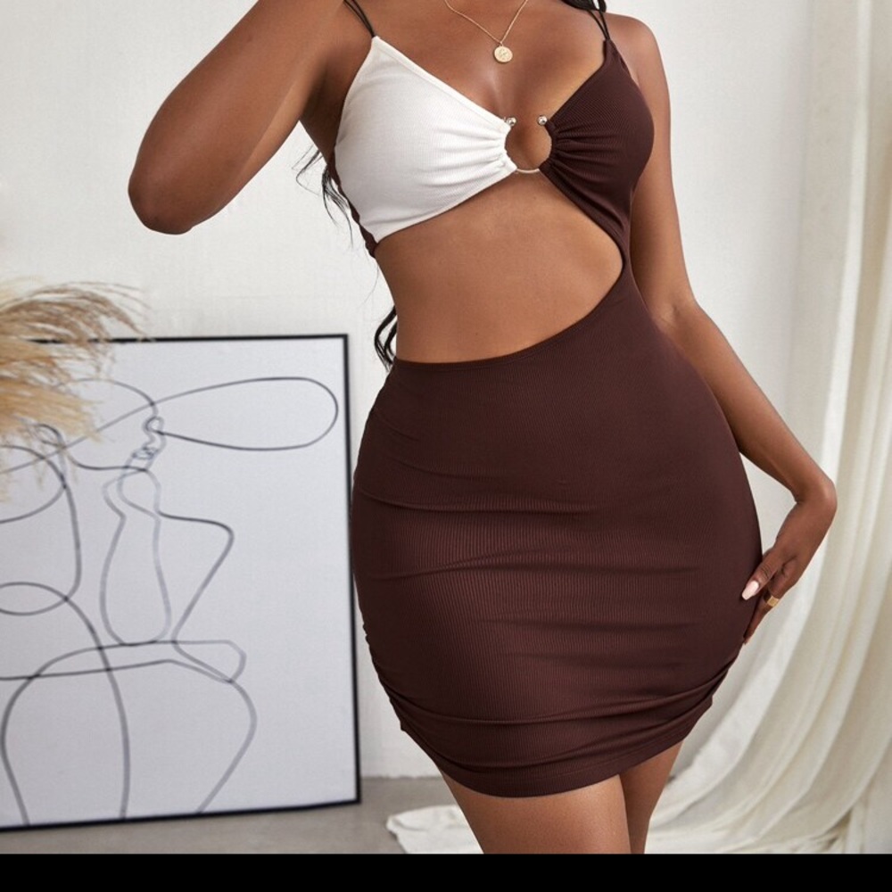 open cut brown and white bodycon dress